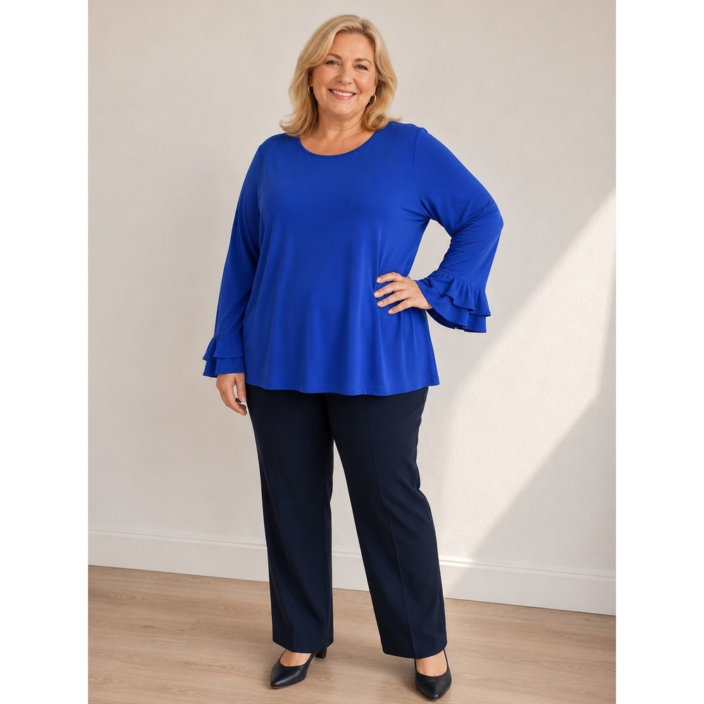 Susan Graver Liquid Knit Royal Blue Top 2X Ruffle Bell Sleeve Scoop Neck